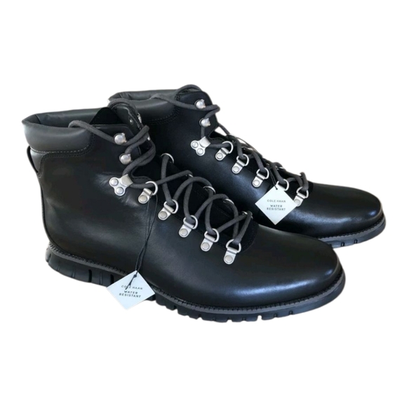 Cole Haan Zerogrand Water Resistant Leather Hiker Ankle Combat Boots Black 9 New